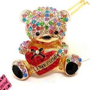 NEW Betsey Johnson Multi-Colored Teddy Bear "I LOVE YOU" Necklace Pendant Chain